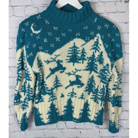 Vintage Handknit Turquoise Winter Holiday Ski Scene Turtleneck Sweater Size S/M? - Picture 1 of 6